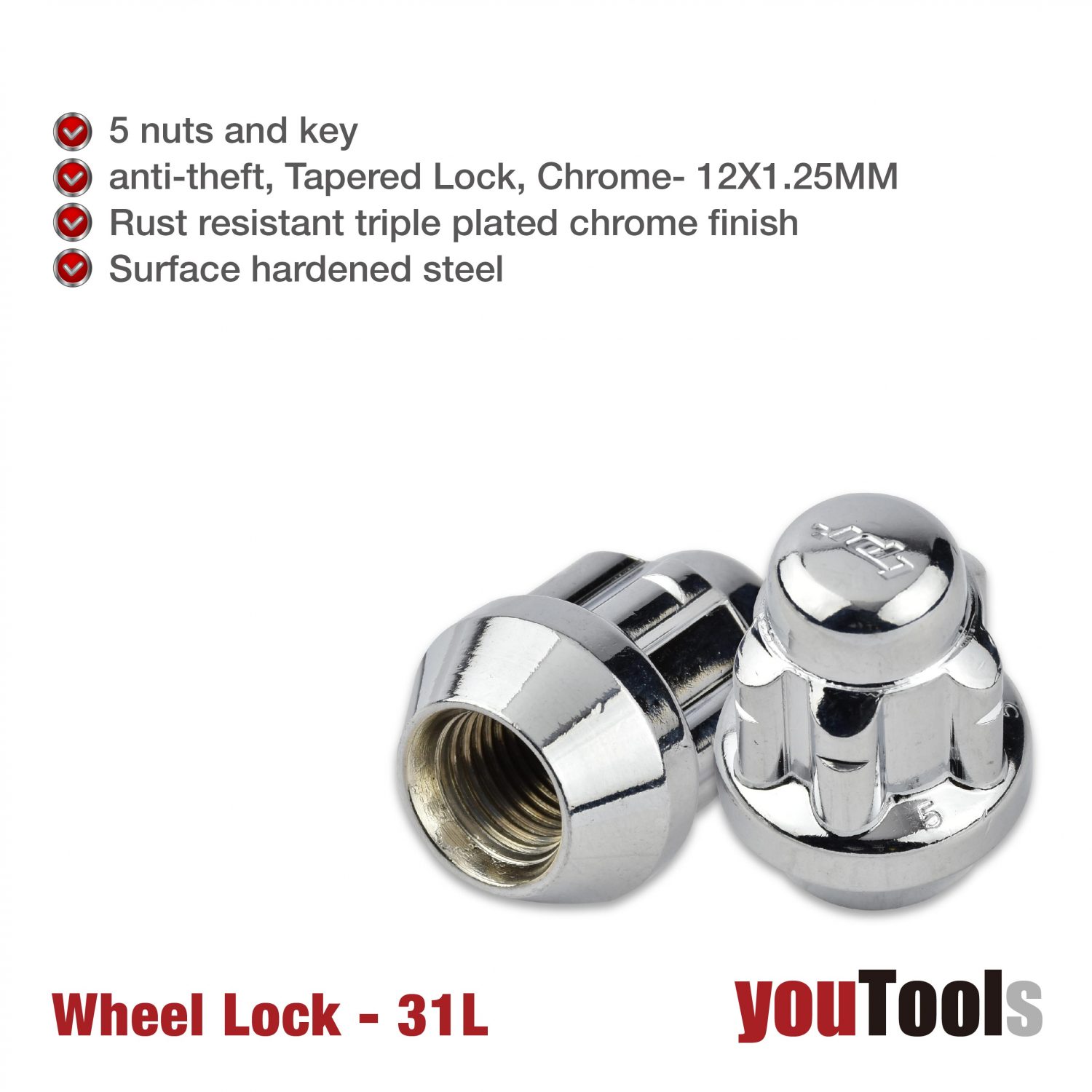 Universal Tapered Anti Theft Wheel Lock Nut M12x1.25 L31mm Toyota GM Mazda Ford YouTools