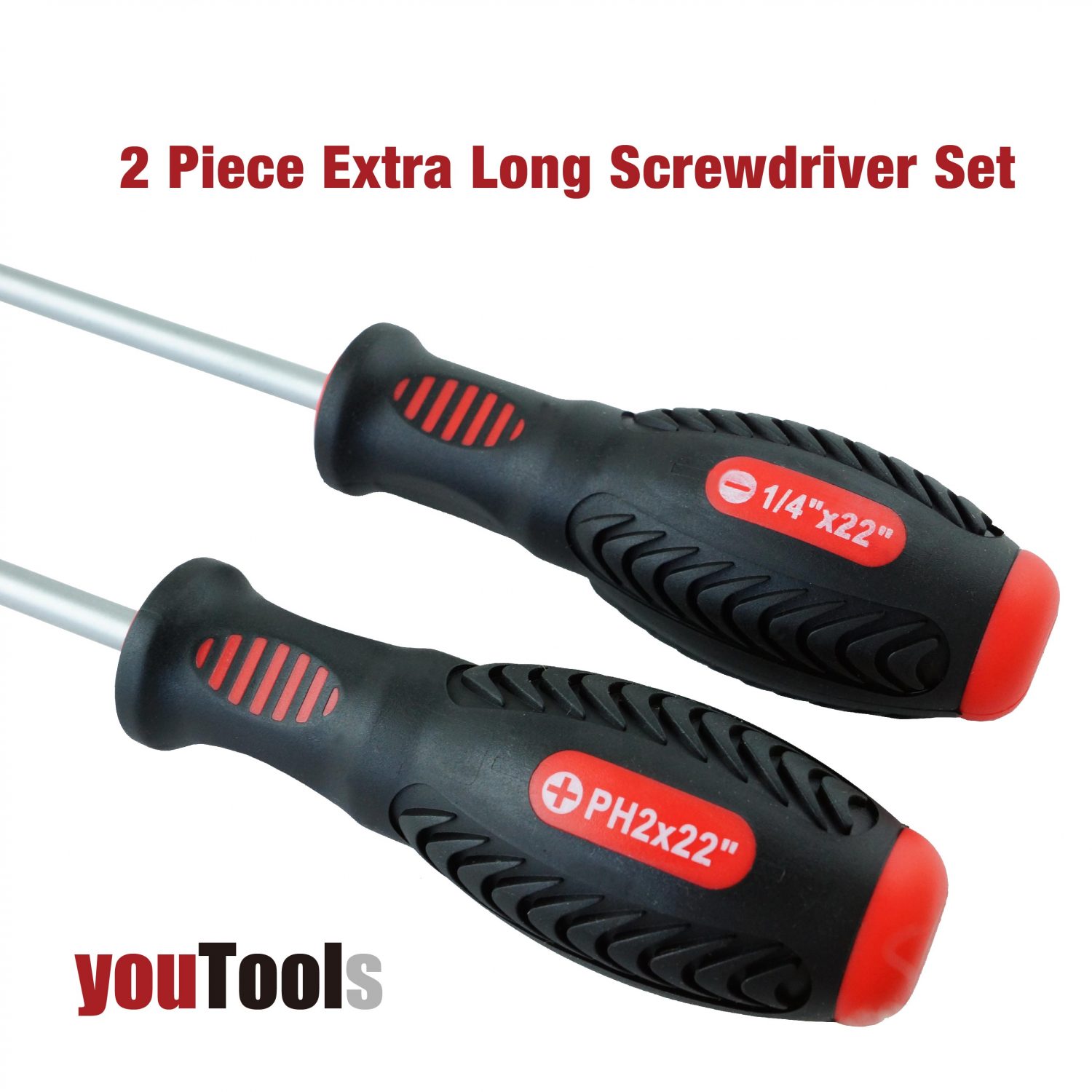 2 Piece Extra Long Mechanic Screwdriver Set with 550 mm (22″) Shaft Antislip Handle YouTools